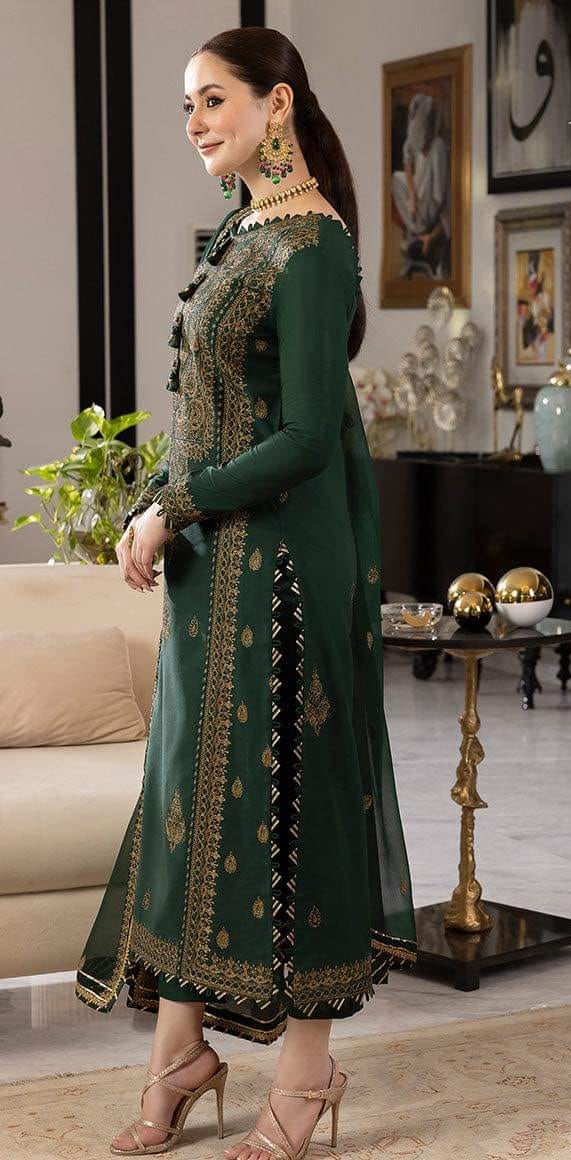 A.J Bottle Green Chiffon 3pc Embroidered Dress (Unstitched)