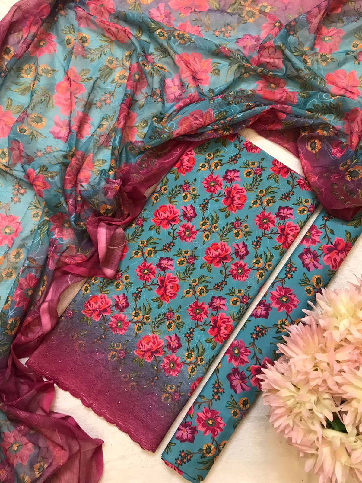 Swiss lawn chicken kari 3 pieces | Embroidery suit | Three Piece suit | Swiss lawn | Chiffon | Women's