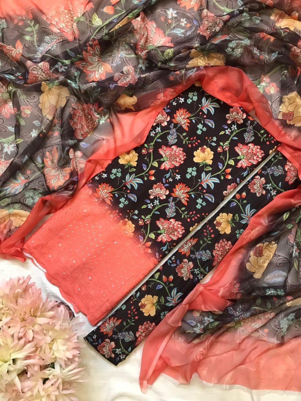 Chikankari Embroidered 3 Piece Suit with Chiffon Dupatta for Women(Unstitched)