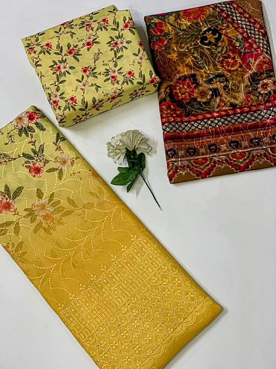 Chikankari Embroidered 3 Piece Suit with Chiffon Dupatta for Women(Unstitched)