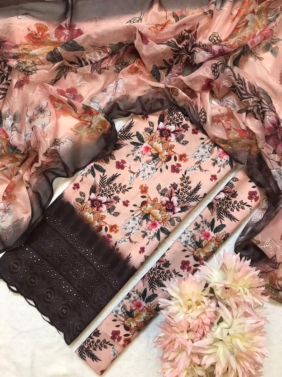 Chikankari Embroidered 3 Piece Suit with Chiffon Dupatta for Women(Unstitched)