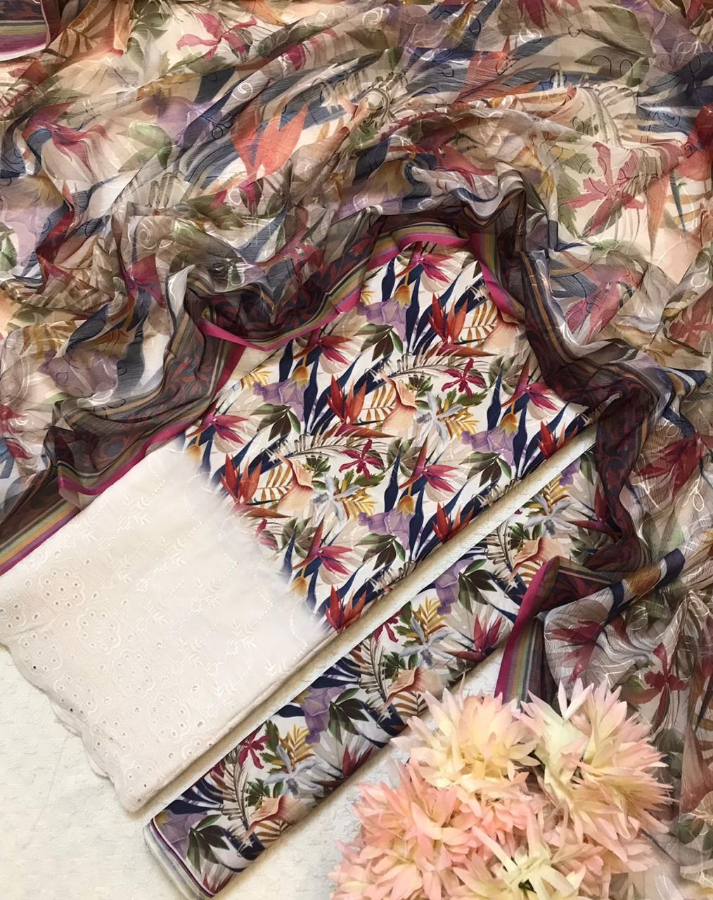 Chikankari Embroidered 3 Piece Suit with Chiffon Dupatta for Women(Unstitched)