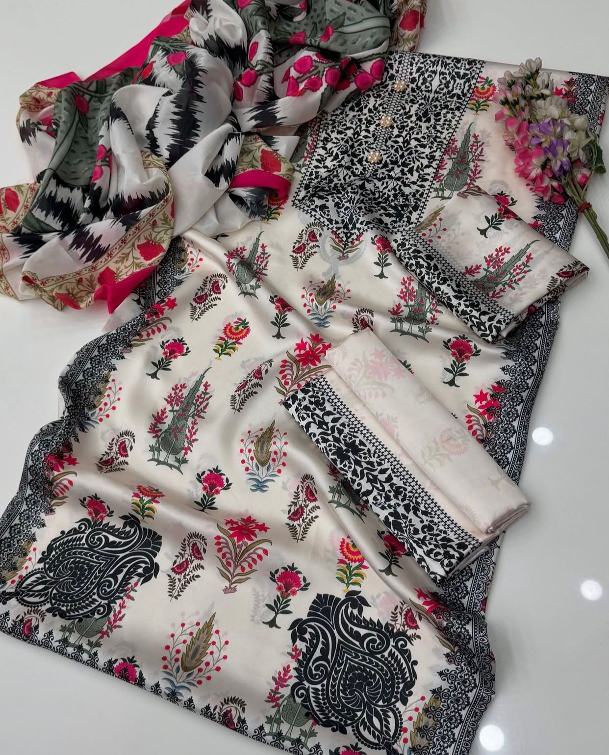 Digital printed shamooz silk 3 piece (Unstitched)