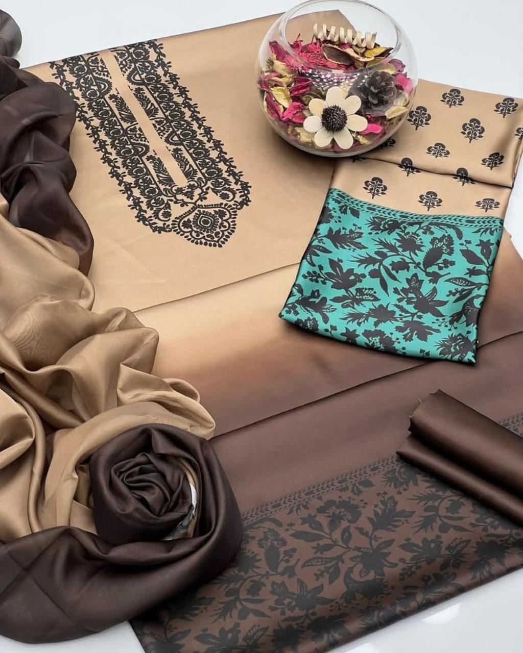 3 pcs digital printed Unstitched shamooz silk suit | silk dupatta |Three Pieces |Suit