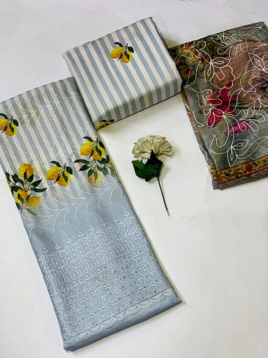 Chikankari Embroidered 3 Piece Suit with Chiffon Dupatta for Women(Unstitched)