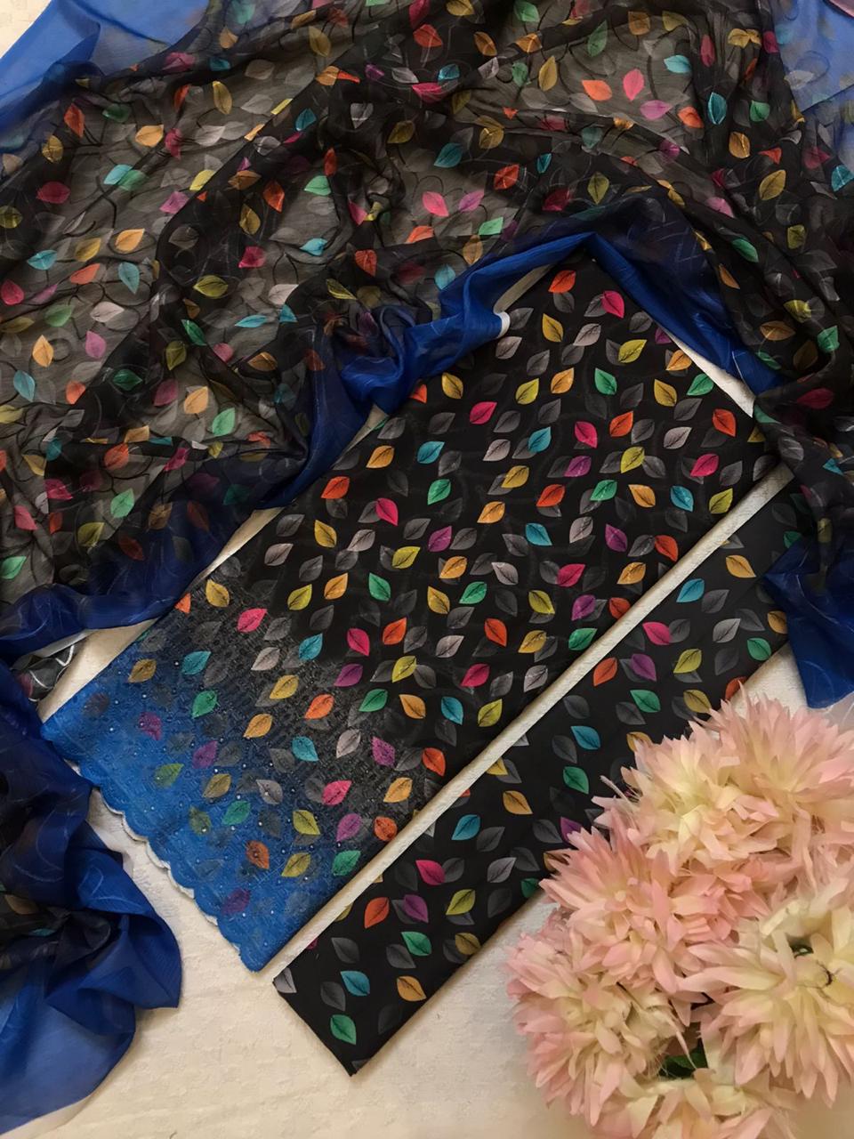 Chikankari Embroidered 3 Piece Suit with Chiffon Dupatta for Women(Unstitched)