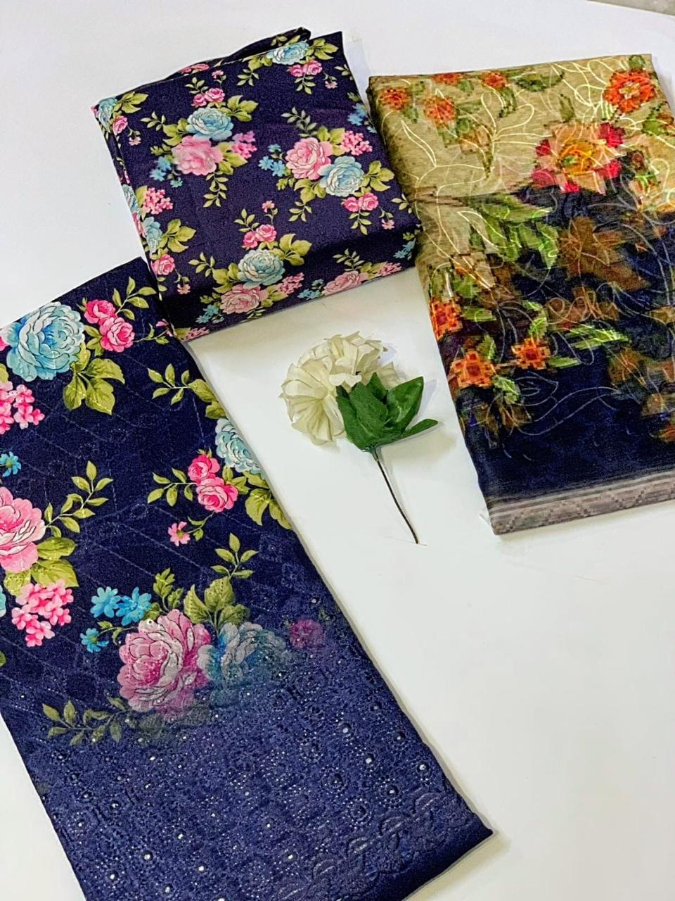 Chikankari Embroidered 3 Piece Suit with Chiffon Dupatta for Women(Unstitched)