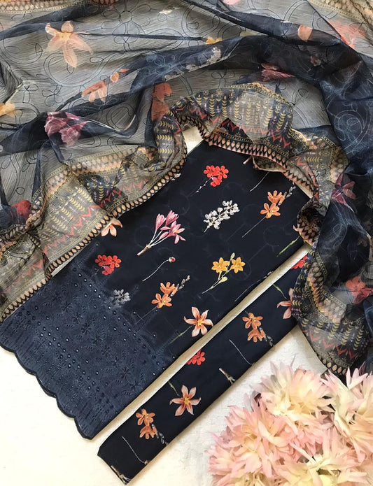 Chikankari Embroidered 3 Piece Suit with Chiffon Dupatta for Women(Unstitched)