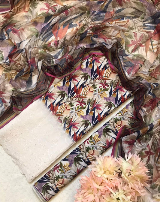 Chikankari Embroidered 3 Piece Suit with Chiffon Dupatta for Women(Unstitched)