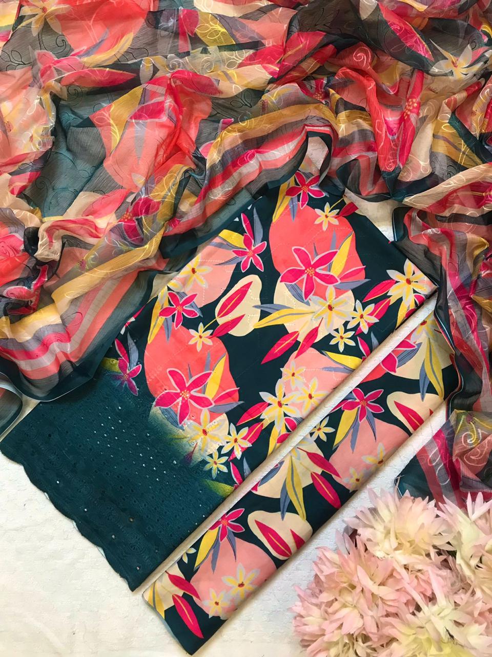 Chikankari Embroidered 3 Piece Suit with Chiffon Dupatta for Women(Unstitched)