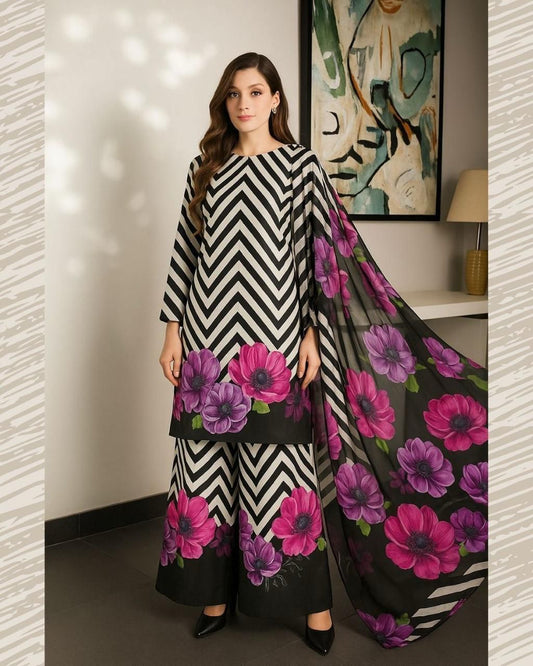 Digital printed shamooz silk 3 piece (Unstitched)